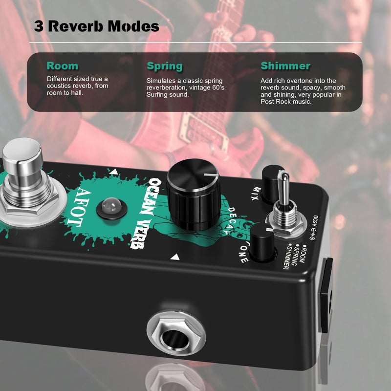 AFOT Digital Reverb Guitar Pedal, Digital Reverb Ocean Verb Effects Pedal 3 Modes Room,Spring,Shimmer for Electric Guitar Bass Mini Size True Bypass - Image 2